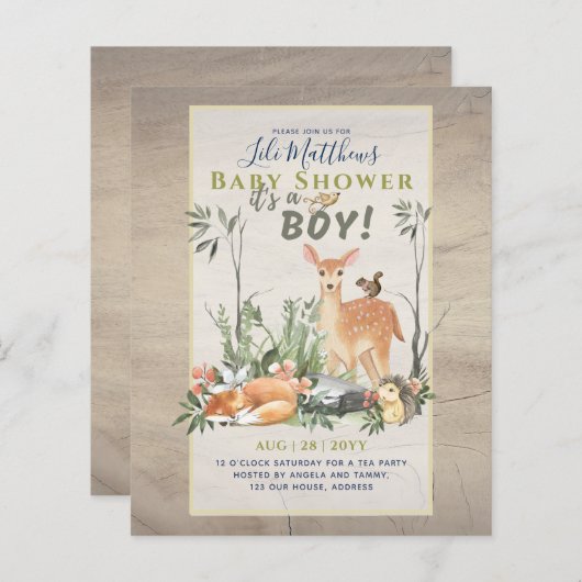 Boys Woodland Animals Forest Baby Shower lädt ein (Vorne/Hinten)