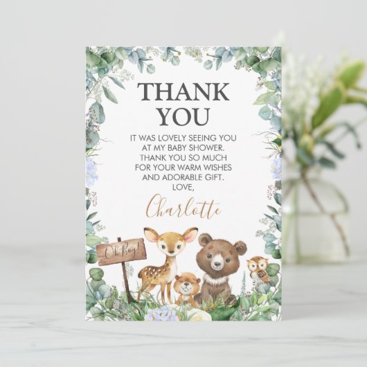 Boys Woodland Greenerenery Kinderdusche Danke Kart Einladung (Stehend Vorderseite)