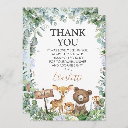 Boys Woodland Greenerenery Kinderdusche Danke Kart Einladung (Vorne/Hinten)