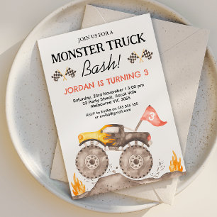 Boys Yellow Monster Truck Bash Geburtstag Einladung