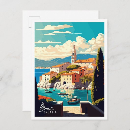 Brac Croatia Art Vintage Reise Illustration Postkarte (Vorne/Hinten)