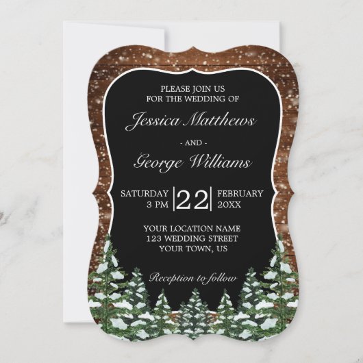 Bracket Black Snowy Wood & Forest Country Wedding Einladung (Vorderseite)