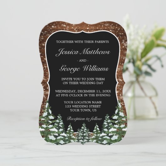 Bracket Black Snowy Wood & Forest Country Wedding Einladung (Stehend Vorderseite)