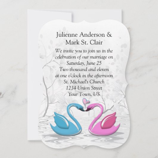 Bracket Edge Pink Blue Kissing Swans Hochzeit Einladung (Vorderseite)