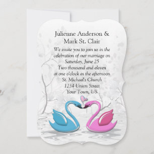 Bracket Edge Pink Blue Kissing Swans Hochzeit Einladung