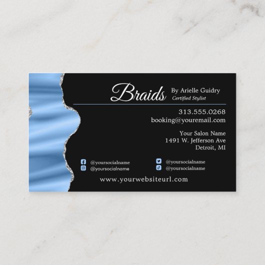 Braid Salon Silver & Blue Glam Visitenkarte (Rückseite)