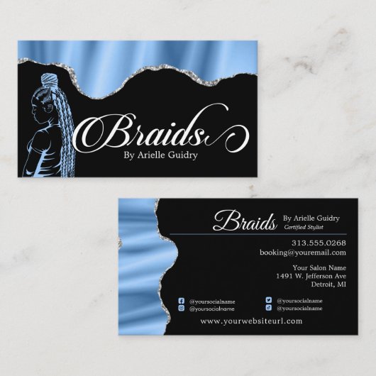 Braid Salon Silver & Blue Glam Visitenkarte (Vorne/Hinten)