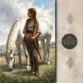 Braided Girl With White Horse Meadow Decoupage Seidenpapier