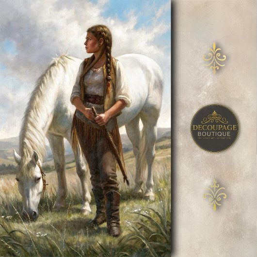 Braided Girl With White Horse Meadow Decoupage Seidenpapier