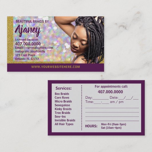 Braider Braids Loctician Glitzer Business Card Terminkarte (Vorne/Hinten)