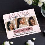 Braids Foto Collage Haarstylist Flyer<br><div class="desc">Moderner Braids Hairstylist Business Flyer, designt mit einer schicken und beruflichen Touch. In diesem Flyer steht das Wort "BRAIDS" in stilvoller Hauptstadt-Typografie, ergänzt durch Ihren Namen in einem eleganten, handgeschriebenen Schriftart. Zeigen Sie Ihre Expertise mit 4 Beispielen von Fotos Ihrer geflochtenen Frisuren auf einem weichen, schwarzen und rosa Hintergrund. Mit...</div>