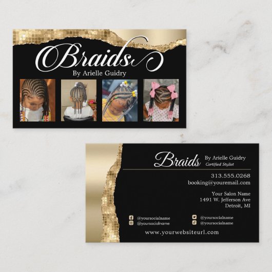 Braids Hair Braiding Stylist Salon Gold Glam Foto Visitenkarte (Vorne/Hinten)