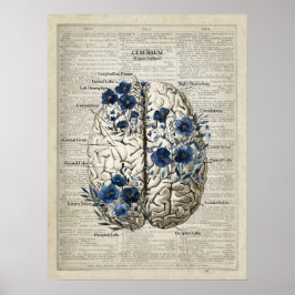 Brain Anatomy Blue Floral Dictionary Art Poster