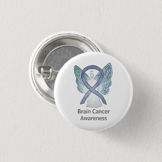 Brain Cancer Gray Awareness Ribbon Angel Button (Vorne & Hinten)
