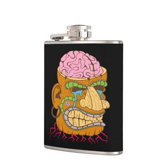 Brain Exposed Tiki Head, Funny Black Flachmann (Links)