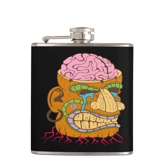 Brain Exposed Tiki Head, Funny Black Flachmann (Vorderseite)