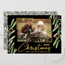 Branch and Berries on Black Christmas Photo Gold Folien Feiertagskarte