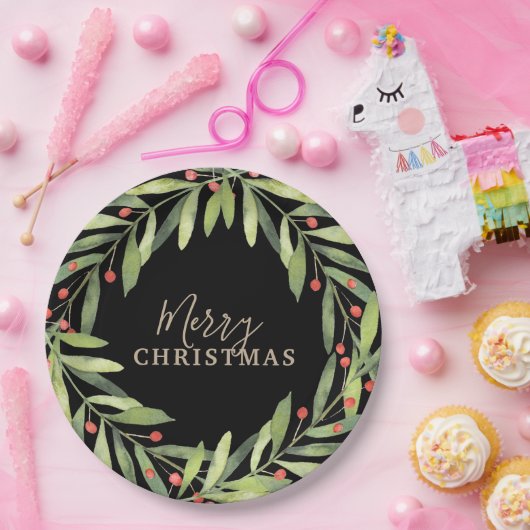 Branch Berries auf Black Merry Weihnachten Pappteller (Party)