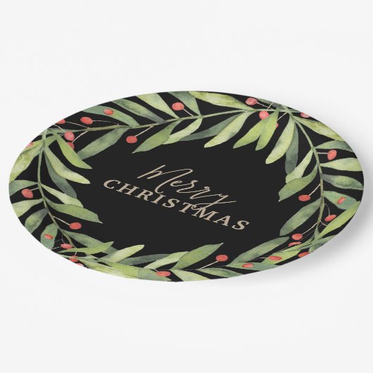 Branch Berries auf Black Merry Weihnachten Pappteller (Schrägansicht)