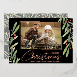 Branch Berries on Black Christmas Photo Rose Gold Folien Feiertagskarte