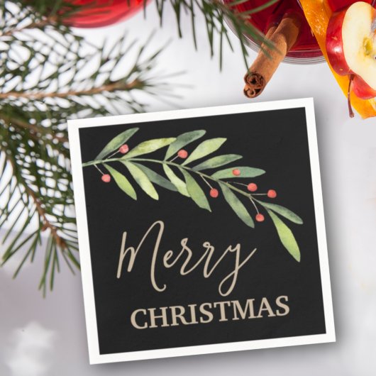 Branch und Berries Frohe Weihnachts Schwarz Serviette