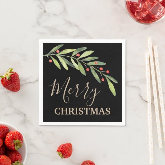 Branch und Berries Frohe Weihnachts Schwarz Serviette (Beispiel)