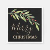 Branch und Berries Frohe Weihnachts Schwarz Serviette (Vorderseite)