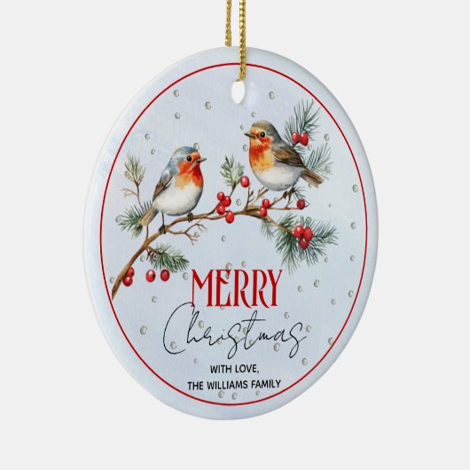 Branch with robin birds, berries Christmas photo Keramik Ornament (Rechts)