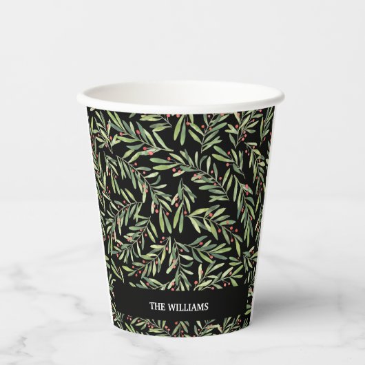 Branchen und Berries zu Weihnachten am Schwarzen F Pappbecher (Vorderseite)