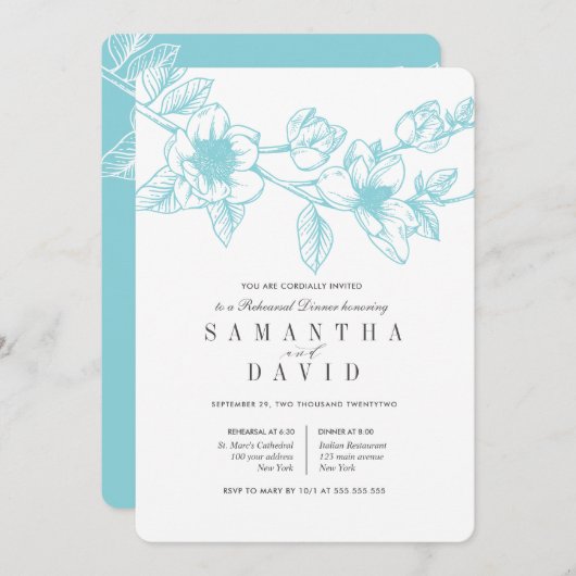 Branchentreff Floral Magnolia Blassblaue Probe Abe Einladung (Vorne/Hinten)