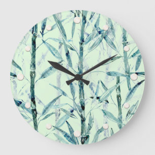 Branches bamboo, white, green, leaves, bamboo große wanduhr