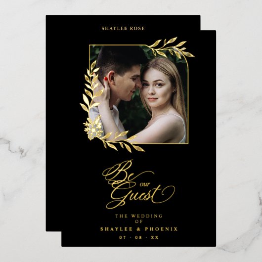 Branches Frame Luxury Golden Chic Photo Wedding Folieneinladung (Vorderseite/Rückseite)