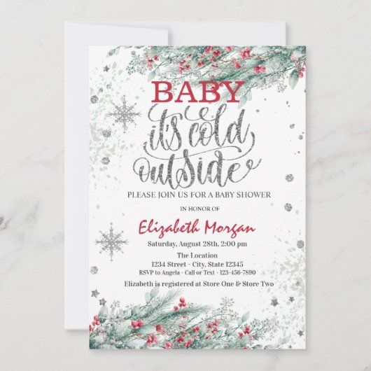 Branches Holly Berry Snowflakes Baby Dusche Einladung (Vorderseite)