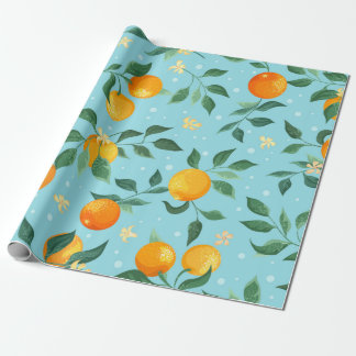 Branches of oranges with flowers on a blue backgro geschenkpapier