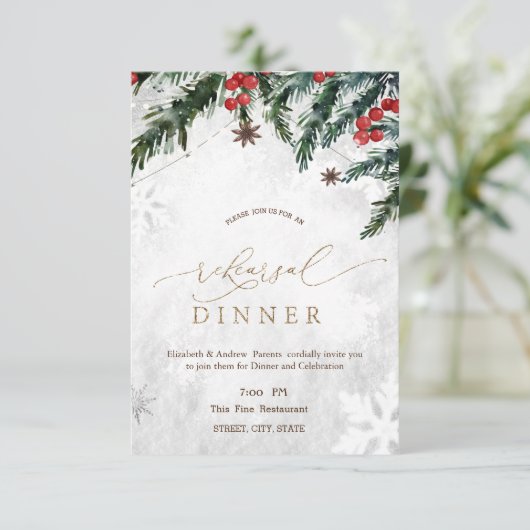 Branches Red Berries Snowflake Probe Dinner Einladung (Stehend Vorderseite)
