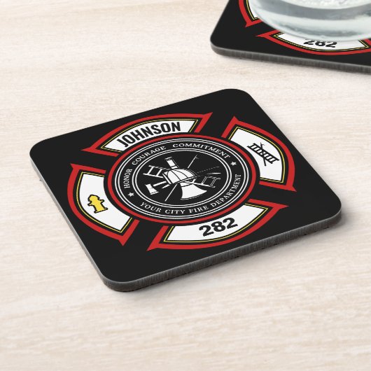 Brandabteilung ADD NAME Firefighter Abzeichen Resc Getränkeuntersetzer (Linke Seite)
