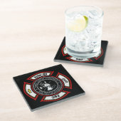 Brandabteilung ADD NAME Firefighter Abzeichen Resc Glasuntersetzer (Schrägansicht)