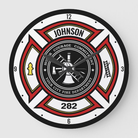 Brandabteilung ADD NAME Firefighter Abzeichen Resc Große Wanduhr (Vorderseite)