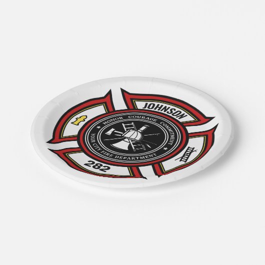 Brandabteilung ADD NAME Firefighter Abzeichen Resc Pappteller (Schrägansicht)