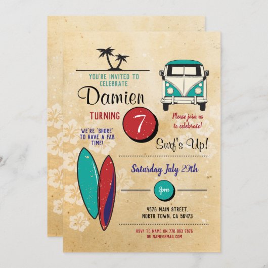 Brandungen oben! Surfender Geburtstag laden Einladung (Vorne/Hinten)