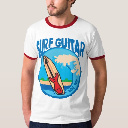 Brandungs-Gitarre: Rote Gitarre auf Surfbrett. T-Shirt (Vorderseite)