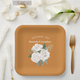 Brandy Punch Brown & White Roses Wedding Pappteller