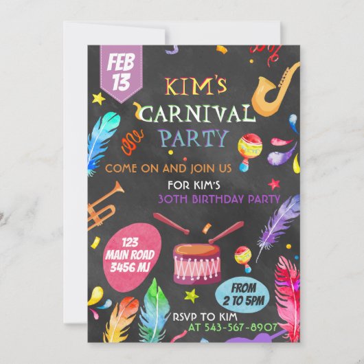 Brasilian Carnival Thema Einladung Design (Vorderseite)