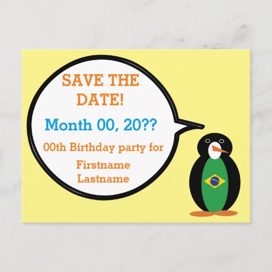 Brasilianische Flagge Frau Penguin Save the Date Ankündigungspostkarte (Vorderseite)