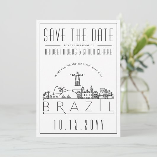 Brasilien Hochzeitstilisierte Skyline Save the Dat Einladung (Stehend Vorderseite)