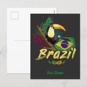 Brasilien Vintage-Tukan mit Flagge und Samba-Maske Feiertagspostkarte