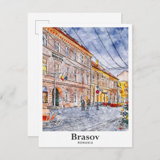 Brasov Rumänien Reisen Wasserfarben Hand gezogen Postkarte (Vorne/Hinten)