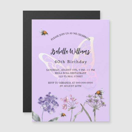 Bratschmetterling Wildblumen Rosa Luxus Magneteinladung (Vorne/Hinten)