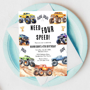 Brauche Four Speed Monster Truck Junge 4. Geburtst Einladung