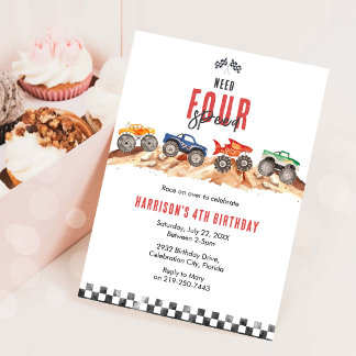 Brauche Four Speed Monster Truck Jungen 4. Geburts Einladung